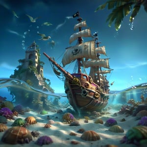 POV angle water, MAGICAL cute STORYBOOK tropical bay , shabby STYLE lovely sailing ship on the beach, view on the tropical bay , summer, semi underwater view, pirate treasures underwater.  Modifiers: highly detailed dof trending on cgsociety steampunk fantastic view ultra detailed 4K 3D whimsical Storybook beautifully lit etheral highly intricate stunning color depth disorderly outstanding cute illustration cuteaesthetic Boris Vallejo style shadow play The mood is Mysterious and Spellbinding, with a sense of otherworldliness  otherwordliness macro photography style LEONARDO DIFFUSION XL STYLE vintage-futuristic