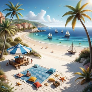 a little terrace, sunshade, great amazing view to the Riviera beach,white sand beach ,palm trees, family playing, sailing ship on the ocean, scattered blankets here and there, tiny delicate sea-shell, tiny delicate starfish, sea ,very detailed amazing view to the Riviera beach, DETAILED LANDSCAPE, COLORFUL, .The highly detailed landscape, reminiscent of Jean-Jacques Sempé's whimsical illustrations from Petit Nicolas comes to life in vibrant colors.