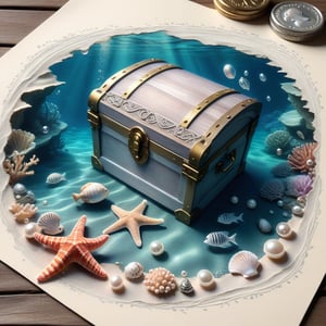 ((ultra realistic photo)), artistic sketch art, Make a little PASTELL pencil sketch of a SHABBY TREASURE CHEST on an old TORN EDGE paper UNDERWATER SEA BOTTOM , art, textures, pure perfection, high definition, TINY DELICATE SEA-SHELL, STARFISH, PEARLS, DELICATE CORAL, SILVER COIN, SHELL AROUND the paper, detailed calligraphy texts, TINY delicate drawings, tiny delicate signature,BookScenic,underwater,AtlantisWorld