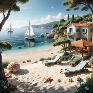 A serene NIzza beach scene unfolds before us. Little apartman house with terrace. Soft white sand stretches beneath the gentle sway of trees, while a family plays and laughs together and sunbathe. In the distance, a majestic sailing ship glides across the calm sea, its sails billowing in the breeze. Blankets scatter the shore, topped with tiny treasures: delicate sea-shells and starfish. The highly detailed landscape, reminiscent of Jean-Jacques Sempé's whimsical illustrations from Petit Nicolas, comes to life in PASTEL SHADES.