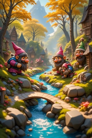 Seen from the perspective of a player, a magical board game unfolds before you. The board is decorated with a fairy-tale landscape, featuring a small forest, a quiet clearing with a shimmering lake, and a winding stream that crosses the game path via a tiny bridge. The toy figures are whimsical dwarves with large, bushy beards, adventuring through the landscape. The scene feels lively and immersive, as if the board game is a portal to a charming, enchanted world... etheral otherwordliness LEONARDO DIFFUSION XL STYLE, crisp quality, absurd quality
