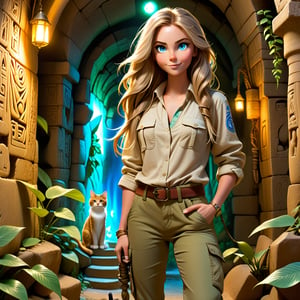 tall skinny clumsy explorer woman in loose cargo pants khaki boots and loose shirt, long shiny hair,  piercing blue eyes, cute face, perky smile,  exploring the Pharao's magical enchanted detailed catacomb with a torch, Holding a cat in her hand.  anchient Egyptian detailed paintings , lush green lianas and runes on the wall, one cute persian cat with the explorer.