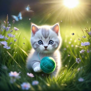 ((ultra realistic photo)), artistic sketch art, Make a little pencil sketch of a cute TINY BRITISH shorthaired CAT play with a ball of yarn in the grass , art, textures, pure perfection, high definition, feather around, TINY DELICATE FLOWERS, ball of yarn, flower petals , Sun beam, butterfly, tiny dew drops, detailed calligraphy texts, tiny delicate drawings,LegendDarkFantasy