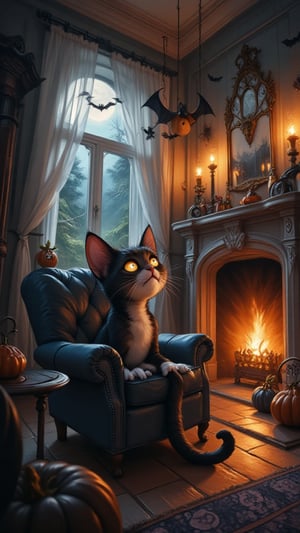 A Halloween-decorated shabby-style living room glows warmly in the moonlight, with a large armchair by the fireplace. In the armchair a funny little Cheshire cat watching us with wide, mischievous eyes. Above, a little bat hangs upside down from the mantelpiece, tightly clinging to his feet as he sleeps. Moonlight streams in through the window, catching the festive decorations and adding a whimsical, lighthearted Halloween charm. The atmosphere is filled with laughter and lighthearted Halloween spirit.,