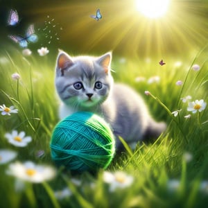 ((ultra realistic photo)), artistic sketch art, Make a little pencil sketch of a cute TINY BRITISH shorthaired CAT play with a ball of yarn  in the grass , art, textures, pure perfection, high definition, feather around, TINY DELICATE FLOWERS, ball of yarn, flower petals , Sun beam, butterfly, tiny cat toys, detailed calligraphy texts, tiny delicate drawings,LegendDarkFantasy