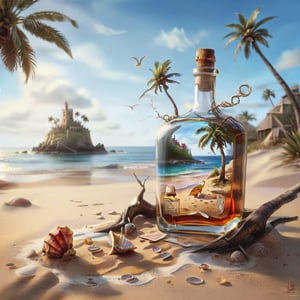 ((ultra ARTISTIC sketch)), (artistic sketch art), Make a 3d DETAILED old torn edge paper on the sand, a detailed Sketch on the paper about a photorealistic picture of an empty bottle of an expensive Whiskey buried in the sands of an island, a lone palm tree, seashell near the bottle, wavy sea background, best realistic, best details, best quality, 16k, [ultra detailed], masterpiece, best quality, (extremely detailed), ultra wide shot, photorealism, depth of field, hyper realistic painting, 3d rendering mysterious, Breathtaking VieW, Jean-Baptiste Monge, Kukharskiy Igor, Thomas wells schaller style, magical scenery, Nazar Noschenko Modifiers: dof trending on cgsociety fantastic view ultra detailed 4K 3D whimsical Storybook beautifully lit etheral Quirky Exquisite highly intricate stunning color depth outstanding cute illustration cuteaesthetic Boris Vallejo style shadow play The mood is Mysterious and Spellbinding, with a sense of otherworldliness, macro photography style LEONARDO DIFFUSION XL STYLE