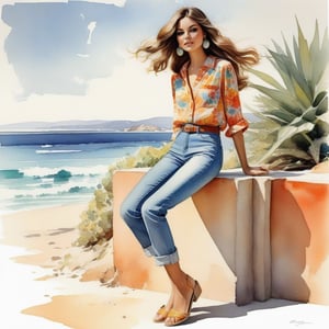 young girl , lazy long hair style, long legs, Riviera spring beach near the ocean (full body shot, '60s hippie style long baggy jeans). Modifiers:modern colorful illustration style VINTAGE fashion illustration, Coby Whitmore ART, VINTAGE 1960s hippie boho fashion illustration, whimsical style, intricately textured and detailed, Pomological Watercolor, depth of field, ultra quality ,ink art, transparent fading , shadow play, high colour contrast,watercolor,