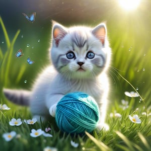 ((ultra realistic photo)), artistic sketch art, Make a little pencil sketch of a cute BRITISH shorthaired KITTY play with a ball of yarn in the grass , art, textures, pure perfection, high definition, feather around, TINY DELICATE FLOWERS, ball of yarn, flower petals , Sun beam, butterfly, tiny dew drops, detailed calligraphy texts, tiny delicate drawings,LegendDarkFantasy