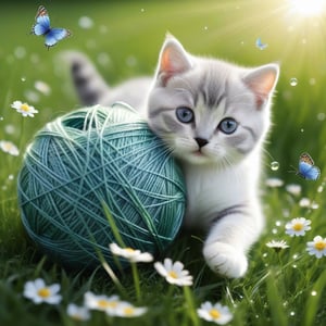 a cute BRITISH shorthaired KITTY play with a ball of yarn in the grass , art, textures, pure perfection, high definition, feather around, TINY DELICATE FLOWERS, ball of yarn, flower petals , Sun beam, butterfly, tiny dew drops, detailed calligraphy texts float, tiny delicate drawings