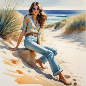 young girl , lazy long hair style, long legs, Riviera spring beach near the ocean (full body shot, '60s hippie style long baggy jeans). Modifiers:modern colorful illustration style VINTAGE fashion illustration, Coby Whitmore ART, VINTAGE 1960s hippie boho fashion illustration, whimsical style, intricately textured and detailed, Pomological Watercolor, depth of field, ultra quality ,ink art, transparent fading , shadow play, high colour contrast,watercolor,