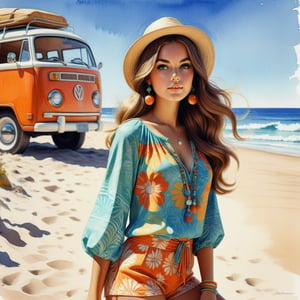 young girl , lazy long hair style, beautiful eyes, long legs, Riviera summer beach near the ocean (full body shot, '60s hippie style outfit). Modifiers:modern colorful illustration style VINTAGE fashion illustration, by Coby Whitmore, Haddon Sundblom. VINTAGE 1960s hippie fashion illustration, whimsical style, intricately textured and detailed, Pomological Watercolor, depth of field, ultra quality ,ink art, transparent fading , shadow play, high colour contrast,PIXAR