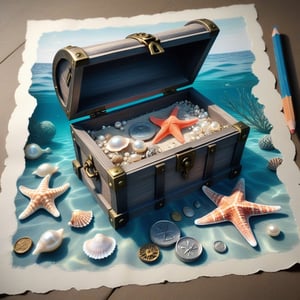 ((ultra realistic photo)), artistic sketch art, Make a little PASTELL pencil sketch of a SHABBY TREASURE CHEST on an old TORN EDGE paper UNDERWATER SEA BOTTOM , art, textures, pure perfection, high definition, TINY DELICATE SEA-SHELL, STARFISH, PEARLS, DELICATE CORAL, SILVER COIN, SHELL AROUND the paper, detailed calligraphy texts, TINY delicate drawings, tiny delicate signature,BookScenic,underwater,AtlantisWorld