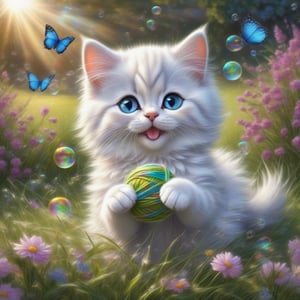 a cute BRITISH shorthaired BLUE EYED HAPPY PLAYFUL KITTY play with a ball of yarn in the grass , (art, textures, pure perfection, high definition), feathers around, TINY DELICATE FLOWERS, ball of yarn, flower petals , Sun beam, 1SOAP BUBBLE, butterfly, tiny dew drops float, detailed calligraphy texts float, tiny delicate drawings, 