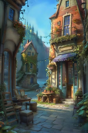 ((ultra ARTISTIC sketch)), (artistic sketch art) a magical detailed shabby style street with coble stones, an old bookstore streetfront, we see books and brooms in the shop window, morning light, beautiful terrace, garden at home, light, brilliant SUNSET EVENING NIGHTFALL TWILIGHT light, afternoon light, afternoon sun, garden environment, cozy place, lush flowers outdoors, afternoon light, ivy, bonsai, table, stool, Intricate and detailed atmospheric refractive lighting of Unreal Engine 5 movie concept photography masterpiece Octane renders trends on CGSocietybest realistic, best details, best quality, 16k, [ultra detailed], masterpiece, best quality, (extremely detailed), ultra wide shot, photorealism, depth of field, hyper realistic painting, 3d rendering mysterious, Breathtaking VieW, Jean-Baptiste Monge, Kukharskiy Igor, Thomas wells schaller style, magical scenery, Nazar Noschenko Modifiers: dof trending on cgsociety fantastic view ultra detailed 4K 3D whimsical Storybook beautifully lit etheral Quirky Exquisite highly intricate stunning color depth outstanding cute illustration cuteaesthetic shadow play The mood is Mysterious and Spellbinding, with a sense of otherworldliness, macro photography style LEONARDO DIFFUSION XL STYLE