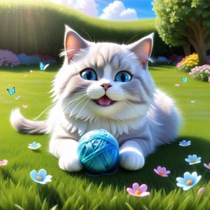 a BRITISH shorthaired BLUE EYED HAPPY PLAYFUL cat play with a ball of yarn in the grass , (art, textures, pure perfection, high definition), feathers around, TINY DELICATE FLOWERS, ball of yarn, flower petals , Sun beam, 1SOAP BUBBLE, butterfly, tiny dew drops float, detailed calligraphy texts float, tiny delicate drawings,disney pixar style,SD 1.5