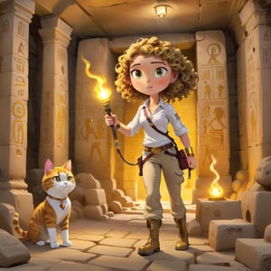 one clumsy explorer woman in cargo pants khaki boots and white shirt, curly long hair,  exploring the Pharao's catacomb with a torch, anchient Egyptian golden paintings, runes on the wall, one cute cat with the explorer ,cute cartoon 