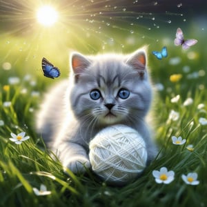 a cute BRITISH shorthaired KITTY play with a ball of yarn in the grass , art, textures, pure perfection, high definition, feather around, TINY DELICATE FLOWERS, ball of yarn, flower petals , Sun beam, butterfly, tiny dew drops, detailed calligraphy texts float, tiny delicate drawings