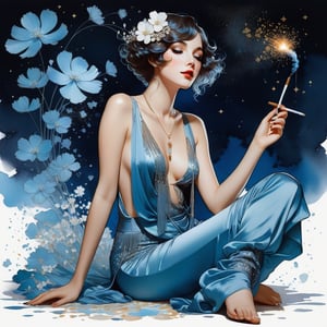 young girl with baby blue eyes, hair MESSY sultry LONG, full body shot, flapper satin pant, sitting, long legs, long cigarette, fume, flower petals,, ink splatter, starry sky . Modifiers: Alphonse Mucha, boris valejo decadent illustration,chinese ink drawing