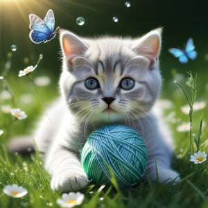 a cute BRITISH shorthaired KITTY play with a ball of yarn in the grass , art, textures, pure perfection, high definition, feather around, TINY DELICATE FLOWERS, ball of yarn, flower petals , Sun beam, butterfly, tiny dew drops, detailed calligraphy texts float, tiny delicate drawings,LegendDarkFantasy,DonMSn0wM4g1cXL
