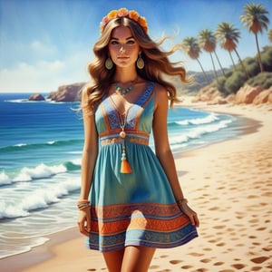 young girl , lazy long hair style, beautiful eyes, long legs, Riviera summer beach near the ocean (full body shot, '60s hippie style dress). Modifiers:modern colorful illustration style VINTAGE fashion illustration, by Coby Whitmore, Haddon Sundblom. VINTAGE 1960s hippie fashion illustration, whimsical style, intricately textured and detailed, Pomological Watercolor, depth of field, ultra quality ,ink art, transparent fading , shadow play, high colour contrast,PIXAR