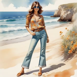 young girl , lazy long hair style, long legs, Riviera spring beach near the ocean (full body shot, '60s hippie style long baggy jeans). Modifiers:modern colorful illustration style VINTAGE fashion illustration, Coby Whitmore ART, VINTAGE 1960s hippie boho fashion illustration, whimsical style, intricately textured and detailed, Pomological Watercolor, depth of field, ultra quality ,ink art, transparent fading , shadow play, high colour contrast,watercolor,aw0k collage,KA,steampunk style,cinematic style