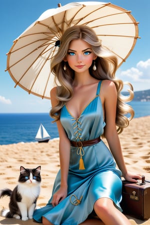 tall skinny lovely explorer woman in 1920's style satin dress, long shiny hair, blue eyes, cute face, little smile, sitting with a cup of coffee under a large parasol on her luggage in the sandy beach on Cote 'd Azur bay great view to the  great blue sky with ruffled little white clouds,  sailing ship, one cute persian cat with the explorer girl. the atmosphere of chaotic fun!, style Donna Gelsing