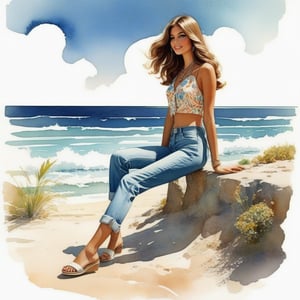 young girl , lazy long hair style, long legs, Riviera spring beach near the ocean (full body shot, '60s hippie style long baggy jeans). Modifiers:modern colorful illustration style VINTAGE fashion illustration, Coby Whitmore ART, VINTAGE 1960s hippie boho fashion illustration, whimsical style, intricately textured and detailed, Pomological Watercolor, depth of field, ultra quality ,ink art, transparent fading , shadow play, high colour contrast,watercolor,