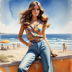 young girl , lazy long hair style, beautiful eyes, long legs, Riviera summer beach near the ocean (full body shot, '60s hippie style long jeans). Modifiers:modern colorful illustration style VINTAGE fashion illustration, by Coby Whitmore, Haddon Sundblom. VINTAGE 1960s hippie fashion illustration, whimsical style, intricately textured and detailed, Pomological Watercolor, depth of field, ultra quality ,ink art, transparent fading , shadow play, high colour contrast,PIXAR