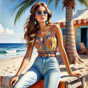 young girl , lazy long hair style, beautiful eyes, long legs, Riviera summer beach near the ocean (full body shot, '60s hippie style long jeans). Modifiers:modern colorful illustration style VINTAGE fashion illustration, by Coby Whitmore, Haddon Sundblom. VINTAGE 1960s hippie fashion illustration, whimsical style, intricately textured and detailed, Pomological Watercolor, depth of field, ultra quality ,ink art, transparent fading , shadow play, high colour contrast,PIXAR