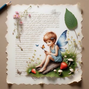((ultra realistic photo)), artistic sketch art, Make a little PASTELL pencil sketch of a cute TINY PIXIE SITTING on an old TORN EDGE paper , art, textures, pure perfection, high definition, TINY DELICATE FLOWERS, WILD BERRIES ,STRAWBERRY, TREES, LEAF, FEATHER, TINY MUSHROOM, TINY BUTTERFLY, TINY SUNBEAM, GRASS FIBERS on the paper,  detailed calligraphy texts, TINY delicate drawings, tiny delicate signature