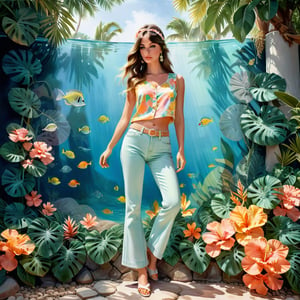 young girl , lazy long hair style, long legs, tropical lagoon spring sunny bay (full body shot, '60s hippi style pastell outfit, loose baggy jeans). Modifiers:modern colorful illustration style VINTAGE fashion illustration, by Coby Whitmore, Haddon Sundblom. VINTAGE 1960s hippie fashion illustration, whimsical style, intricately textured and detailed, Pomological Watercolor, depth of field, ultra quality ,ink art, transparent fading , shadow play, high colour contrast, AirBrush,mdsktch sketch of