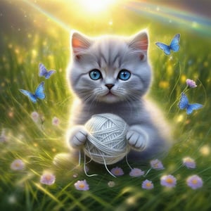 a cute BRITISH shorthaired KITTY play with a ball of yarn in the grass , art, textures, pure perfection, high definition, feather around, TINY DELICATE FLOWERS, ball of yarn, flower petals , Sun beam, butterfly, tiny dew drops, detailed calligraphy texts float, tiny delicate drawings,LegendDarkFantasy