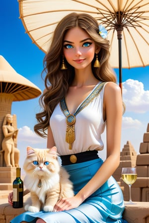 tall skinny lovely explorer woman in 1920's style top and skirt, long shiny hair, blue eyes, cute face, little smile, sitting with a glass of wine under a large parasol, great view to the enchanted detailed beautifuly decorated Egypt Karnak temple., great blue sky with ruffled little white clouds, , great view to the valley, one cute persian cat with the explorer girl