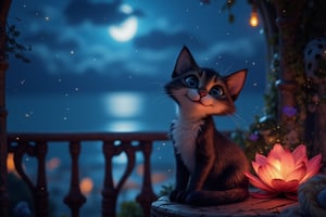 An enchanted, highly detailed balcony with a spectacular night view of the sea. The balcony’s intricate design is softly illuminated by the moonlight. A tiny, fluffy, and funny Cheshire cat sitting and smiling next to an enchanted flower that SHINES faintly. The air is filled with dust particles that twinkle in the light, creating a magical ambiance. The cat’s fur is exquisitely detailed, and its playful nature is evident as it seems captivated by the flower. The overall scene is whimsical, serene, and full of enchantment.