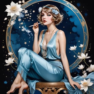 young girl with baby blue eyes, hair MESSY sultry LONG, full body shot, flapper satin pant, sitting, long legs, long cigarette, fume, flower petals,, ink splatter, starry sky . Modifiers: Alphonse Mucha,  decadent illustration,
