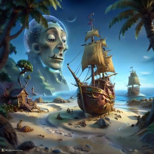 we see the enchanted tropical shore on the rough sand, DETAILED enchanted beach resort life, sailing ships, tropical bungalows under the magnifying glass.. Modifiers: Unreal Engine, Nazar Noschenko, magical, Pino Daeni, etheral, midjourney, ghostly, Astounding, outstanding, otherwordliness, cute illustration, cuteaesthetic, Boris Vallejo style, highly intricate, whimsical, 4K 3D, stunning color depth, cute illustration, Salvador Dalí