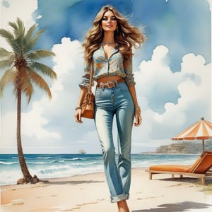 young girl , lazy long hair style, long legs, Riviera spring beach near the ocean (full body shot, '60s hippie style long baggy jeans). Modifiers:modern colorful illustration style VINTAGE fashion illustration, Coby Whitmore ART, VINTAGE 1960s hippie boho fashion illustration, whimsical style, intricately textured and detailed, Pomological Watercolor, depth of field, ultra quality ,ink art, transparent fading , shadow play, high colour contrast,watercolor,aw0k collage,KA,steampunk style