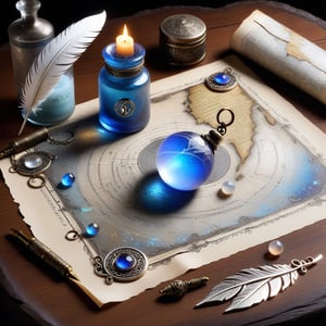 ((ultra ARTISTIC sketch)), (artistic sketch art), Make a 3d DETAILED old torn paper scroll on a scraped old desk (detailed runes on the paper and silver feather pendant with moonstone ball) crystal, moonshine, silver coin, little moonstone gem , tiny candle, tiny potion jar, spiderweb, DISORDERED,BookScenic,map,glitter