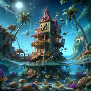 MAGICAL cute STORYBOOK tropical bay , shabby STYLE lovely house on the tropical bay ON THE book PAGE, summer, tropical fish in the water. Modifiers: highly detailed dof trending on cgsociety steampunk fantastic view ultra detailed 4K 3D whimsical Storybook beautifully lit etheral highly intricate stunning color depth disorderly outstanding cute illustration cuteaesthetic Boris Vallejo style shadow play The mood is Mysterious and Spellbinding, with a sense of otherworldliness otherwordliness macro photography style LEONARDO DIFFUSION XL STYLE vintage-boho,stopmotion