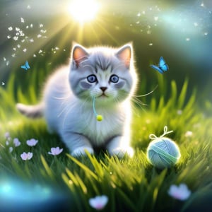 ((ultra realistic photo)), artistic sketch art, Make a little pencil sketch of a cute TINY BRITISH shorthaired CAT play with a ball of yarn  in the grass , art, textures, pure perfection, high definition, feather around, TINY DELICATE FLOWERS, ball of yarn, flower petals , Sun beam, butterfly, tiny cat toys, detailed calligraphy texts, tiny delicate drawings,LegendDarkFantasy