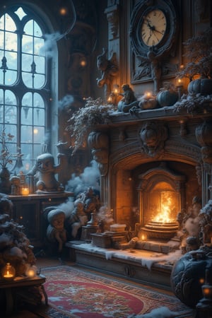 In the corner of a cozy, shabby-style living room decorated for Halloween, a sweet tiny gargolye statue sits on the edge of the fireplace, its gemstone eyes sparkling with light. Mist swirls around it, illuminated by the moonlight coming through a gothic-style window. Outside, slow snowfall drifts down from marching clouds. Every detail of the room captures Halloween charm and magic, with the little goblin statue taking the spotlight in this enchanting, wintry scene.