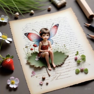 ((ultra realistic photo)), artistic sketch art, Make a little PASTELL pencil sketch of a cute TINY PIXIE SITTING on an old TORN EDGE paper , art, textures, pure perfection, high definition, TINY DELICATE FLOWERS, WILD BERRIES ,STRAWBERRY, LEAF, FEATHER, TINY MUSHROOM, TINY BUTTERFLY, TINY SUNBEAM, GRASS FIBERS on the paper,  detailed calligraphy texts, TINY delicate drawings, tiny delicate signature,BookScenic,underwater