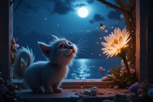 An enchanted, highly detailed balcony with a spectacular night view of the sea. The balcony’s intricate design is softly illuminated by the moonlight. A tiny, fluffy, and funny Cheshire cat stands and smiling next to an enchanted flower that glows faintly. The air is filled with dust particles that twinkle in the light, creating a magical ambiance. The cat’s fur is exquisitely detailed, and its playful nature is evident as it seems captivated by the flower. The overall scene is whimsical, serene, and full of enchantment.