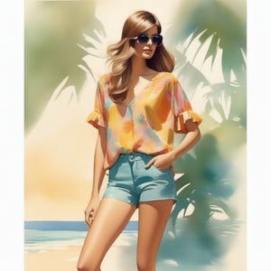 young girl , lazy long hair style, long legs, tropical lagoon spring sunny bay (full body shot, '60s hippi style pastell outfit, loose baggy jeans). Modifiers:modern colorful illustration style VINTAGE fashion illustration, by Coby Whitmore, Haddon Sundblom. VINTAGE 1960s hippie fashion illustration, whimsical style, intricately textured and detailed, Pomological Watercolor, depth of field, ultra quality ,ink art, transparent fading , shadow play, high colour contrast, AirBrush