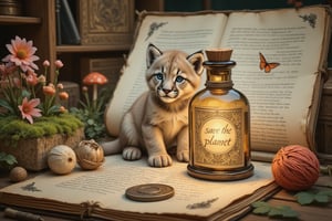 ((ultra realistic photo)), artistic sketch art, Make a little pencil sketch of a CUTE fluffy mountain lion cub on an old TORN EDGE BOOK PAGE , art, textures, pure perfection, high definition, feather around, DELICATE FLOWERS, ball of yarn, SHINY COIN, grass thread on the paper, LITTLE MOON, MOONLIGHT in the bottle, TINY MUSHROOM, PETALS, SPIDERWEB, CRYSTAL, MOSS FIBER , TEALIGHT, DELICATE CELTIC ORNAMENT, little KEY, detailed calligraphy text, tiny delicate drawings, DISORDERED TINY delicate drawings, tiny delicate signature .The bottle’s glow casts a magical aura over the scene, creating an atmosphere of forgotten spells, ancient magic floating in the air, and hidden secrets. fireflies around the bottle. The bottle labelled with the text "save the planet"! SOME Tiny, vibrant flower and moss encircle the letter. The overall scene is tranquil yet mystical, with nature reclaiming the old magical relic. The overall scene is whimsical, serene, and full of enchantment.
