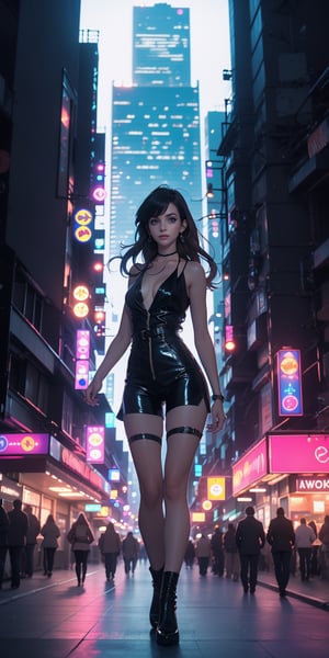 By Yves Di, a beautiful WOMAN, satin romper, beautiful face, STANDING, beautiful legs, dark eyes, full body, colorful colors, ((fit centered subject)), detailed background, anne hathaway vibe, smooth criminal style, night time, penthouse ,high quality, 8K Ultra HD, 3D effect, A digital illustration of REALISTIC style, soft anime tones, Atmosphere like Gotham Animation, luminism, three dimensional effect, luminism, Isometric, awesome full color, delicate  expressions

,nobara kugisaki,