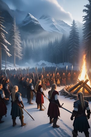 Deep in the snowy forests, a group of Norse warriors gather around a large bonfire, their armor shining and their swords held high. The air is charged with energy and power, as they sing ancient songs and dance to the rhythm of the drums. In the middle of the scene, the Nordic women, with their long blonde braids and vibrantly colored dresses, look on with pride and bravery, ready to join the battle if necessary. The magic and beauty of this warrior town merge into an impressive and captivating spectacle.