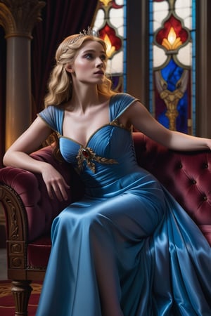 A distraught Helen of Troy, her beauty radiant yet sorrowful, is depicted sitting on a luxurious velvet chaise in a grand chamber of the palace, surrounded by opulent draperies and flickering candlelight. She is gazing out of a towering stained glass window, tears glistening in her eyes, as she watches the fires of war ignited by her love's actions ravage the city below. The delicate fabric of her sheer royal gown revealing her graceful silhouette, draped gently across her shoulders, symbolizing her vulnerability amidst the turmoil she has inadvertently sparked.