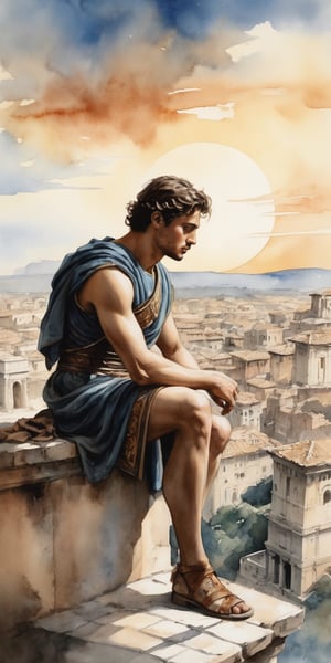 (masterpiece, high quality, 8K, high_res), 
((ink drawning and watercolor wash)), abstract illustration, very detailed, high contrast, symbolism,
A wise young man, simply dressed, with a lost gaze, in ancient Rome, his face etched with the marks of countless battles, sits solemnly on a jagged cliff overlooking the once great city of Rome in flames. As he contemplates the crumbling empire below, the setting sun casts a burning glow on his determined expression, reflecting both the weight of his past conquests and the uncertainty of empires yet to rise and fall on the horizon.