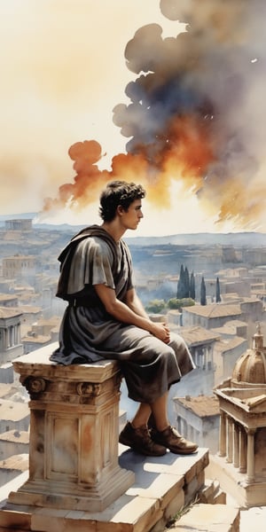 (masterpiece, high quality, 8K, high_res), 
((ink drawning and watercolor wash)), abstract illustration, very detailed, high contrast, symbolism,
A lone figure dressed in tattered, ancient Roman garb sits atop a weathered stone overlooking a vast landscape. The panoramic view reveals a once-thriving metropolis now engulfed in flames on all sides as Rome's empire crumbles in the background from the overwhelming heat of the fire. The young man's expression is a mix of sadness and acceptance, his eyes reflecting the flickering flames as he contemplates the transitory nature of empires. All around him there is destruction and chaos and only broken columns, faded murals and distant echoes of chaos and destruction.
